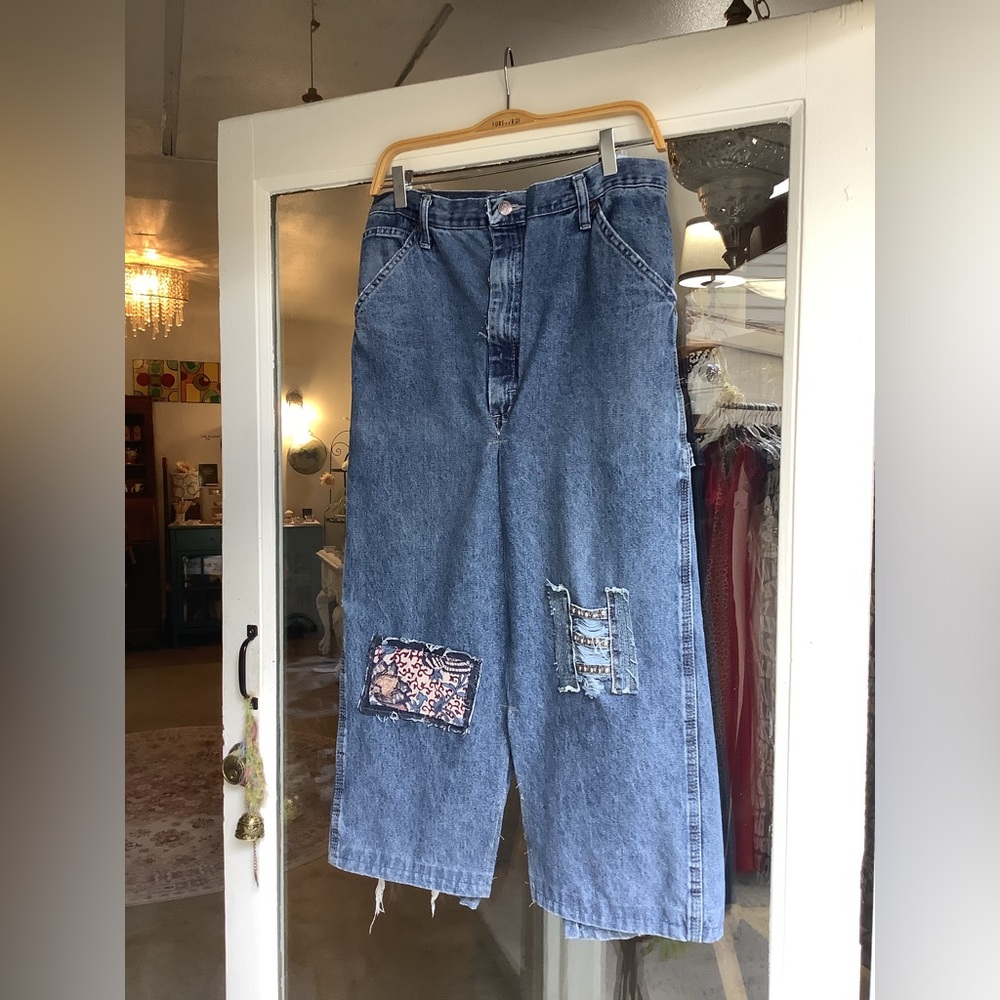 Bohemian Wood Blue Denim Midi Skirt with Patchwork